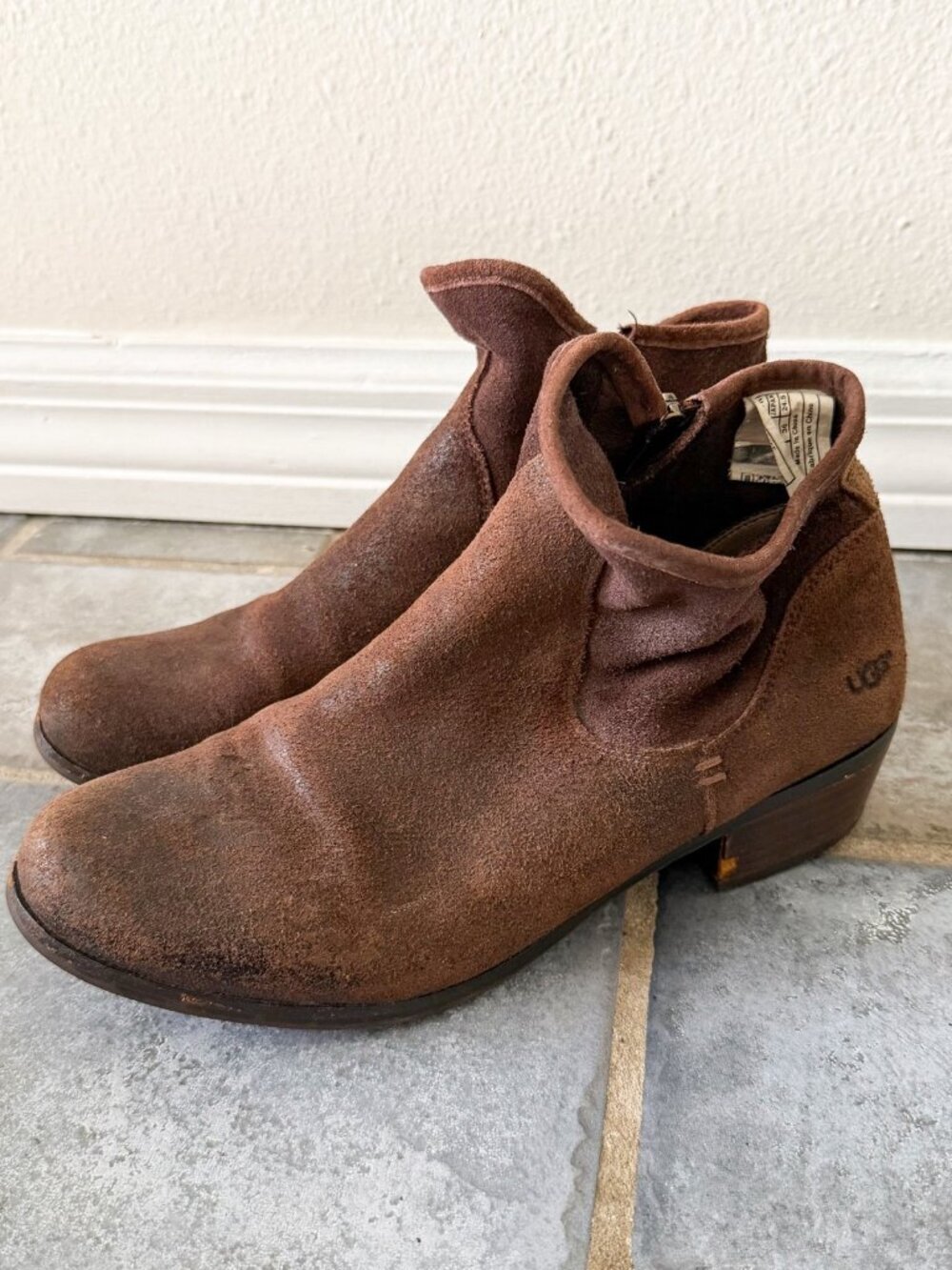 UGG Brown Suede Ankle Booties Zip Low Heel Women’s Size 6